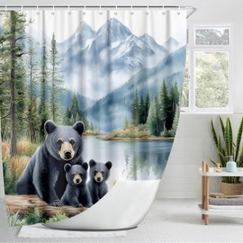Rustic Black Bear Shower Curtain, Forest Lodge Cabin RV Curtain Decorative, Country Mountain Lake Landscape Nature Woodland Wildlife Hunting Shower Curtains for Bathroom with 12 Hooks, 72 x 72 Fabric