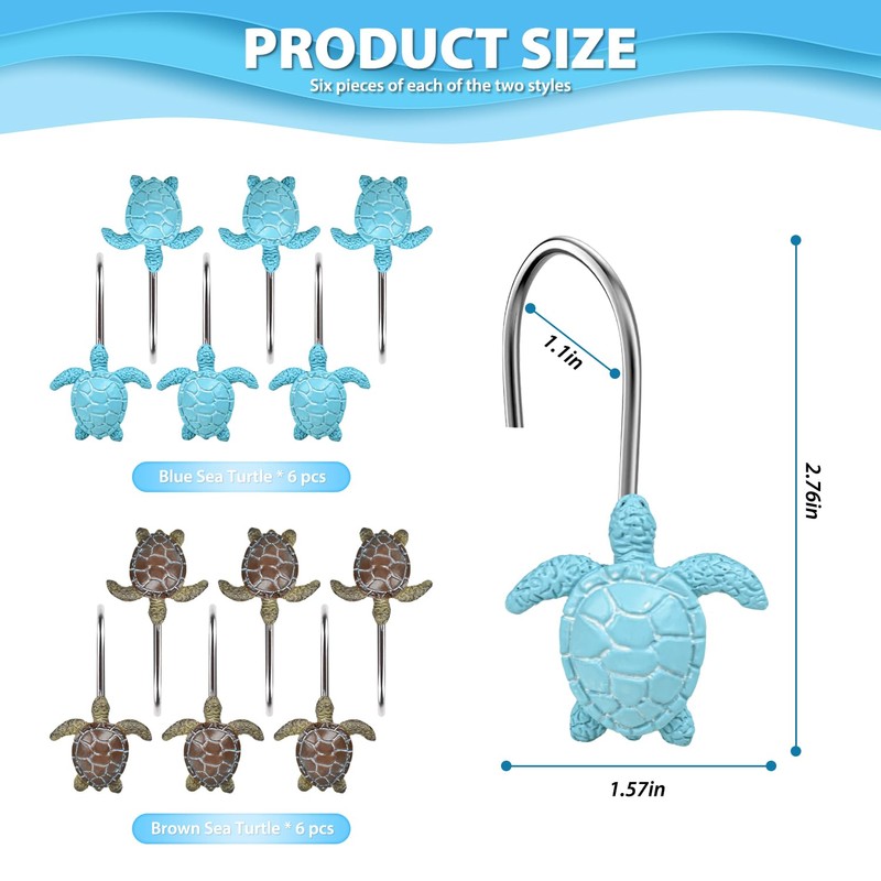 Quimoy Turtle Shower Curtain Hooks, 12PCS Shower Curtain Rings