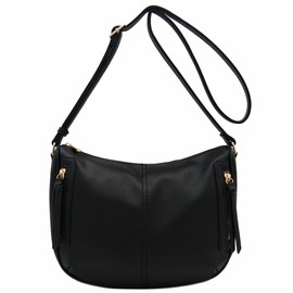 FashionPuzzle Faux Leather Two Front Zipper Pocket Crossbody Saddle Bag (Black-A)