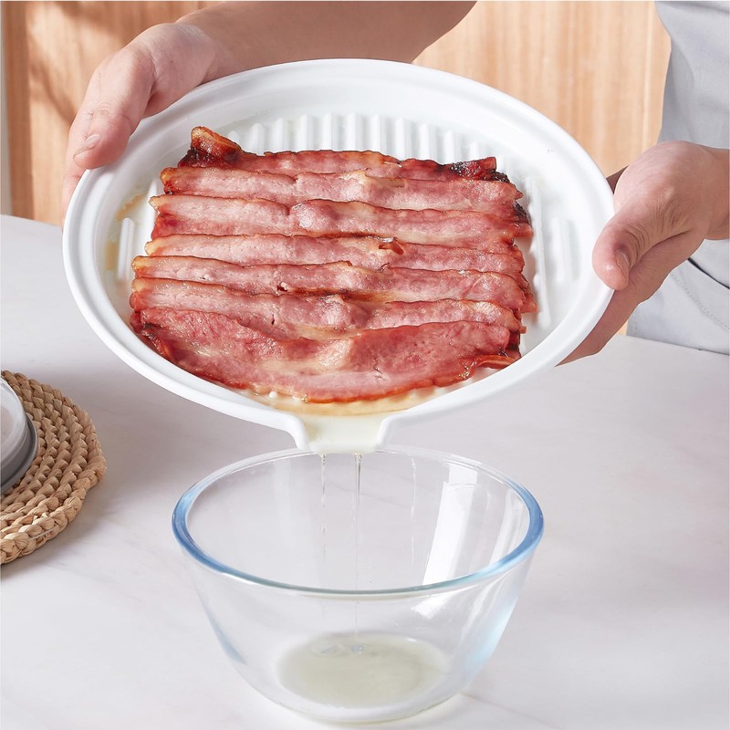 ONEMORE Microwave Bacon Tray Ceramic Bacon Cooker Meat Rack for