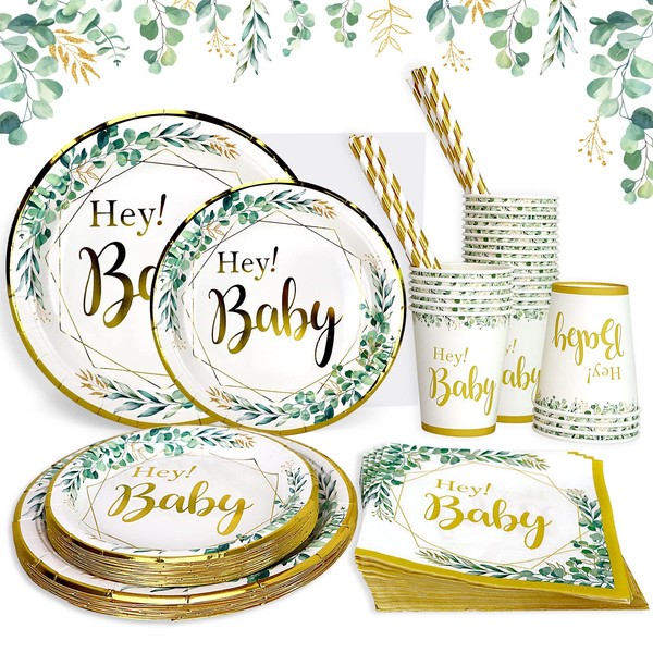 Heboland Baby Shower Vaisselle de Fête Assiette Sert 25 Invités,125pcs Neutre Bapteme Vaisselle Vert Sauge, Fournitures pour Décoration Baby Shower Garçon et Fille
