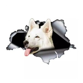 Weißer Schäferhund Aufkleber, White Swiss Shepherd Dog 3D-Zerreißeffekt, Reflektierend, Wasserfest, für Laptop, Kühlschrank, Auto, Stoßstange und Fenster (25cm/9.8 Inch)