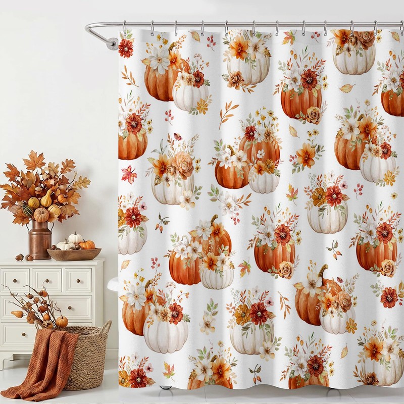 Lindameler Fall Shower Curtain for Bathroom Autumn Farmhouse Floral Pumpkin