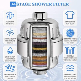 34 Stage Shower Filter with Vitamin C for Hard Water - Shower Filter for Water Softener with Replaceable Multistage Filter Cartridge for Removing Chlorine and Heavy Metals
