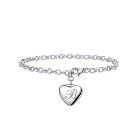 LSxAB Women Girls Heart Initial B Letter Charm Bracelets 26 Letters Alphabet Stainless Steel Chain Wristband Bracelet Men's Birthday Gifts 7" Adjustable