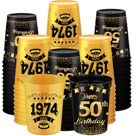 Cholemy 50 Pcs Happy 50th Birthday Cups 12 oz 1974 Birthday Party Cups Gold and Black Plastic Stadium Cups Reusable Drink Tumblers Drinkware for Men Woman 50 Years Birthday Party Decorations Supplies