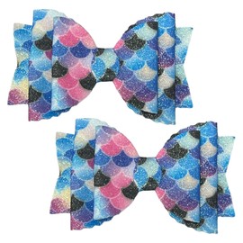 Mermaid Glitter Blue Hair Accessories Bows Clips Slides Grips 3.5" Inch Cute Handmade For Woman Girls Hairbows - 2x Bows
