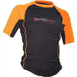 Sharkskin Rapid Dry Rashie, Short Sleeve Top, Lightweight Swimsuit Top with Sun Protection and Water-Repellent Technology, Charcoal/Orange, Medium