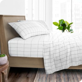 Bare Home Queen Sheet Set - Luxury 1800 Ultra-Soft Microfiber Queen Bed Sheets - Double Brushed - Deep Pockets - Easy Fit - 4 Piece Set - Bedding Sheets & Pillowcases (Queen, Grid - White/Grey)