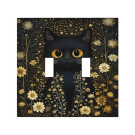 YIJIKJY Light Switch Cover Plate Cute Black Cat Gold Flower Vintage Boho Floral 2 Gang Double Toggle Decorative Switch Plates Wall Plates Electrical Faceplate for Kids Room Home Decor