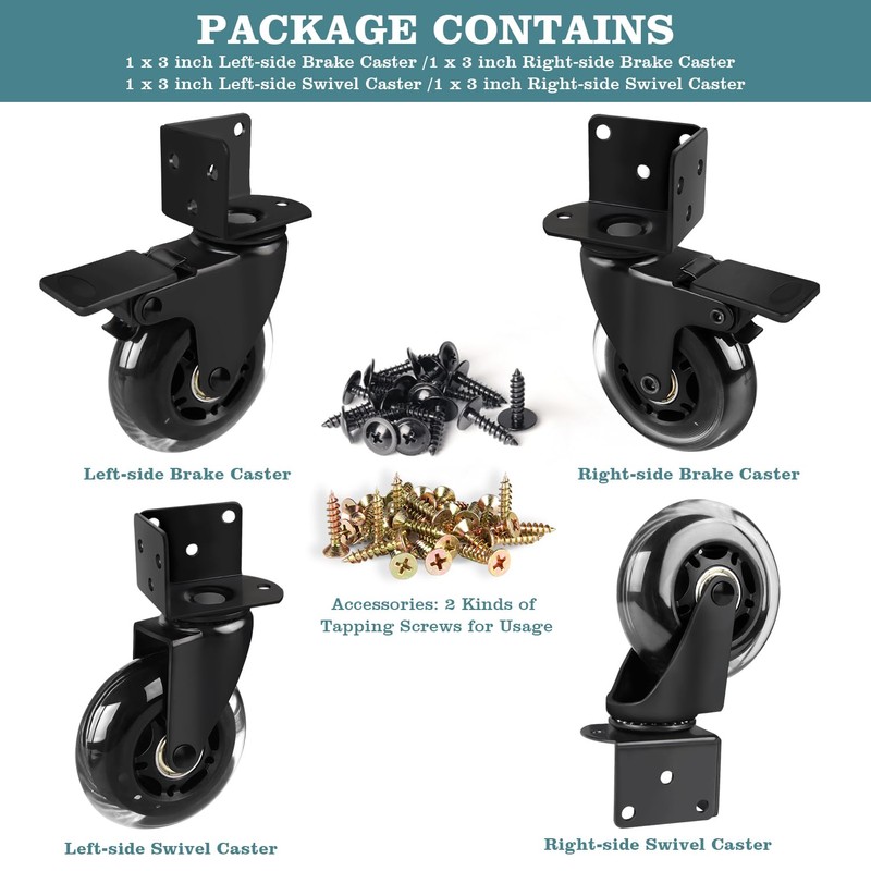 3" Side Mount Caster Wheels, Hirate Heavy Duty L- Shaped