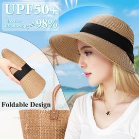 Feelorna Women's Straw Hat, UV Protection, Straw Hat with Wide Brim, Breathable Beach Hat, Foldable Summer Hat for Travel, Holidays, brown