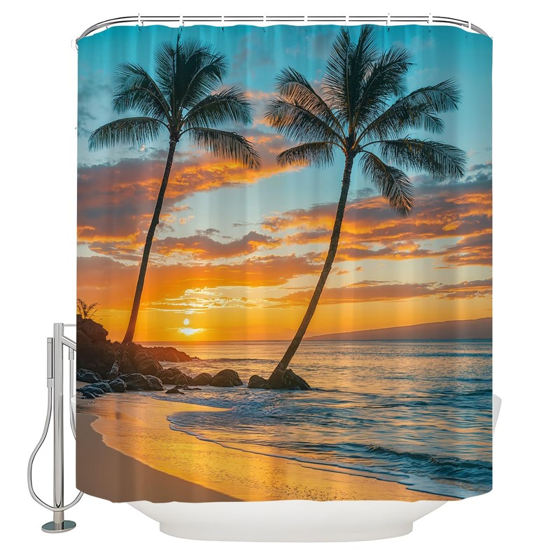 QSSMQS Tropical Beach Shower Curtain Palm Tree Ocean Sunset Orange