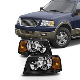 AKKON - For Black Bezel 03-06 Ford Expedition Headlights Front Lamps Direct Replacement Pair Left + Right