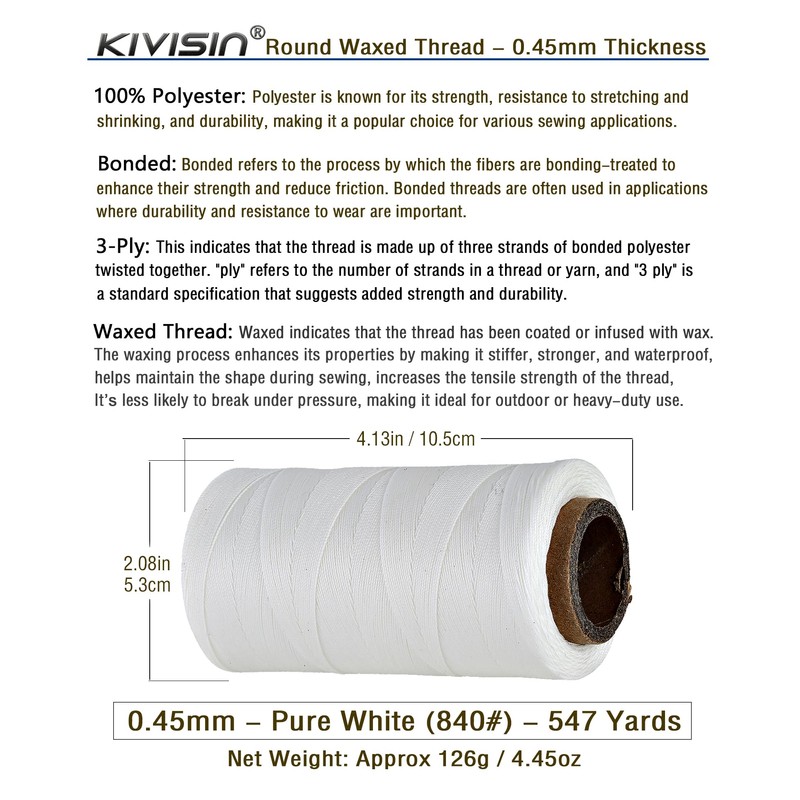 Thin Wax Polyester Thread, 0.45mm, 547 Yards, 3 Ply Round