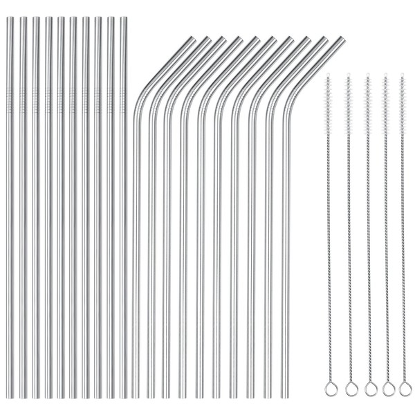 OKGD wholesale 25 Piece Set Stainless Steel Straws Long 8.5 Inch Drinking Metal Straws Reusable Drinking Straws for 20 OZ (10 Straight | 10 Bent | 5 Brushes)