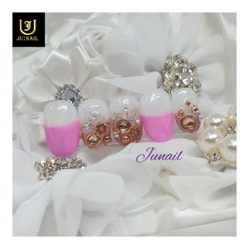 Pink Gold Gras Handmade Nail Tips - Long Almond /