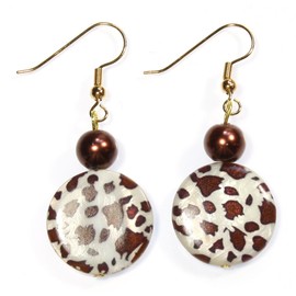 "Spotted Pony" Earrings of Animal Print Mother of Pearl Beads; 1.5 Inches Total