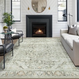 Washable Rugs 8x10 Area Rugs, Soft Vintage Living Room Rug with Anti-Skid Backing Stain Resistant Thin Indoor Carpet Large Area Rug for Bedroom Under Dining Room Table Nursery Entryway-Brown/Green