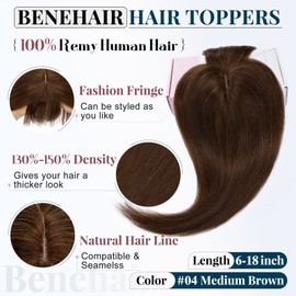 Benehair Clip on Topper Hair Extension with Thin Bang Human Hair Hand Made Silk Base wiglets Straight Soft Hair Extension for Women Hair Loss Thinning Medium Brown #4 6inch