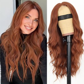 AISI HAIR Ginger Wig for Women, Long Wavy Lace Hairline Middle Part Synthetic Heat Resistant Wig for Daily Party-26 Inch