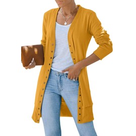 MEROKEETY Women's 2024 Fall Long Sleeve Snap Button Down Solid Color Knit Ribbed Neckline Cardigans Mustard