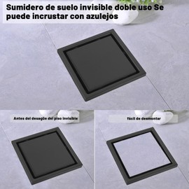 HAMOLER 4 Pulgadas Desagüe de Piso de Ducha Invisible Cuadrado Moderno Rejilla de Drenaje de Suelo Antiobstrucción Enchufable para Ducha, Negro
