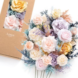 Ling's Moment Fake Flowers Box, Faux Greenery Stems Silk Rose Artificial Foam Gardenia for Wedding Bouquets Centerpieces Table Decorations Floral Arrangement, Powder Blue & Pale Lavender, Deluxe Combo