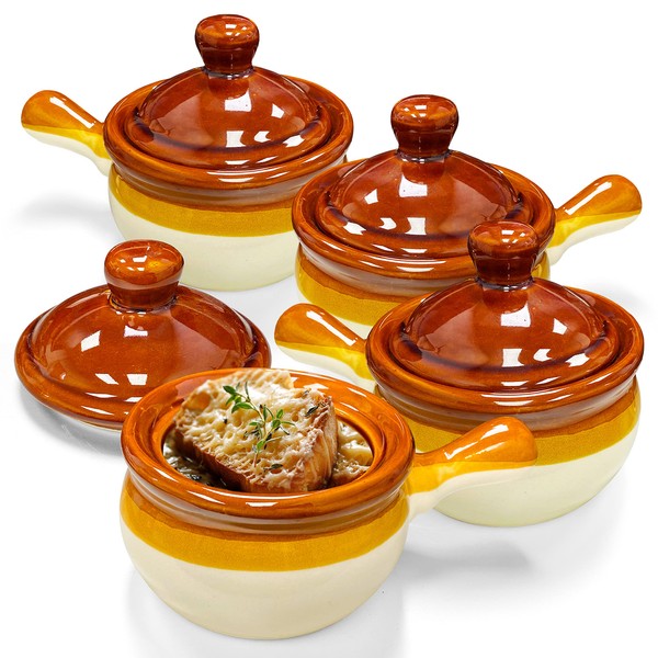 Stock Your Home French Onion Soup Crocks with Handles & Lids (4 Pack) - 15 Ounce Oven Safe Soup Bowls - Two-Toned Brown & Ivory Porcelain Soup Crocks - Microwave and Dishwasher Safe.