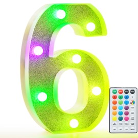 Pooqla Colorful Marquee Numbers with Remote, RGB Light Up Numbers, Glitter LED Lighted Number Lights Battery Powered, Christmas Birthday Gift Home Bedroom Wedding Shiny Party Decoration, Number 6