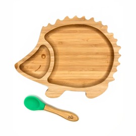 Kleiner Fuchs High-quality bamboo plate with suction cup, non-slip with matching baby spoon makes meals fun, tableware set with gift box - learning to eat hedgehog design
