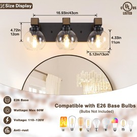 Feanron Farmhouse Bathroom Light Fixtures, 3-Light Rustic Wood Bathroom Lights Over Mirror with Glass Globe Shades, Matte Black Wall Mounted Lamp Vanity Lights for Bathroom Bedroom Living Room Cabinet