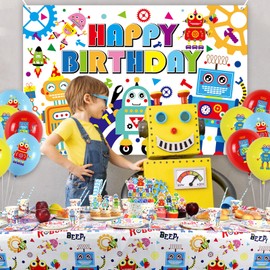 Robot Birthday Party Decoration - Robot Happy Birthday Backdrop, Tableware, Tablecloth and Balloons, Robot Party Supplies for Boys Girls Kids Baby Shower, Serves 20