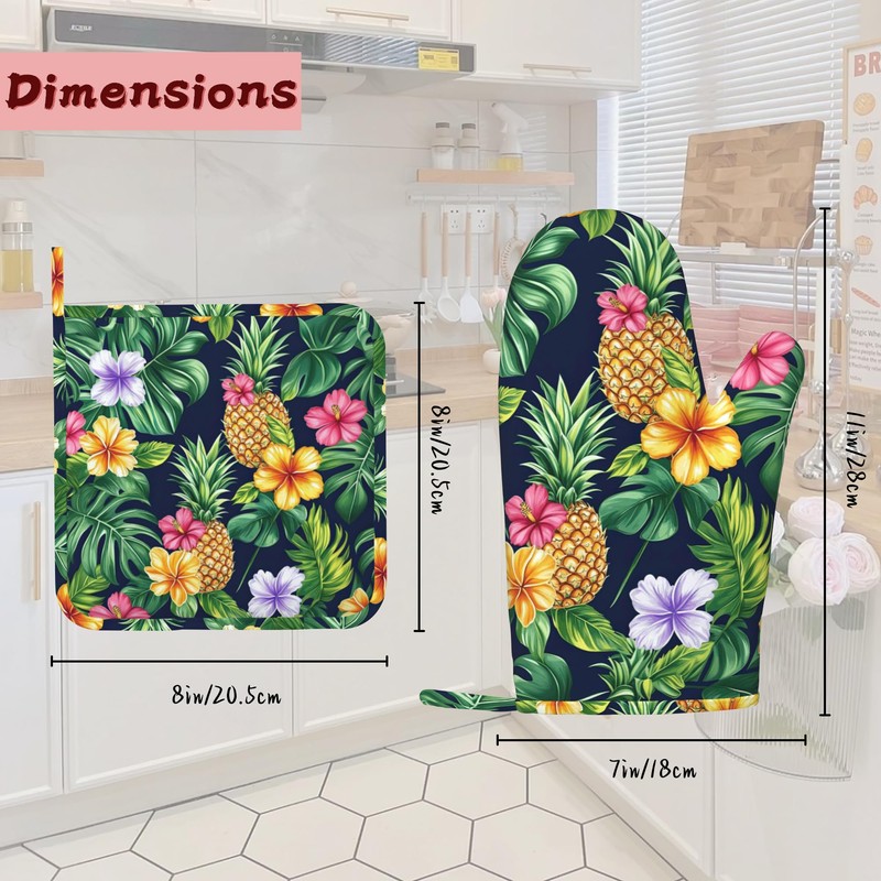 Pineapple Heat-Resistant Silicone Oven Mitts and Pot Holders,Hawaiian Tropical Palm