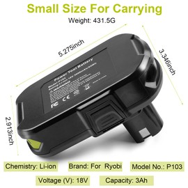 ARyee 3000mAh P108 Compatible with Ryobi Lithium Battery 18 Volt ONE+ P102 P103 P104 P105 P107 P108 P109 P190 P191 P122 with LED
