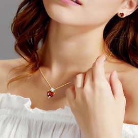 JunyiDIY Gold-plated Stainless Steel Chain Necklace Earrings Set, Red Love Pendant Necklace Women's Valentine's Day Gift Necklace