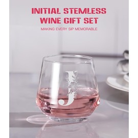 Physkoa Initial J Wine Glass Stemless-【Etched Dishwasher Safe】 Monogrammed Wine Glasses Gifts for Women-Initial Birthday/Christmas Wine Gifts for Women,Mom,Wife,Bestie(Letter J)