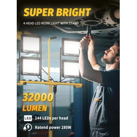 Szwbee 32000 Lumen LED Work Light with Stand & Remote, 4-Head 280W Portable Tripod Light with 16.5FT Cord, 3000K–6000K Adjustable, Waterproof Light for Indoor & Outdoor Job Site Workshop Construction