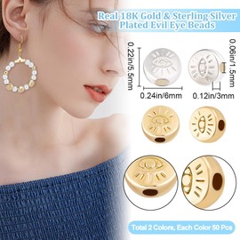 Beebeecraft 1 Box 100Pcs Evil Eye Spacer Beads Real 18K Gold & Sterling Silver Plated Alloy Flat Round Beads for DIY Necklace Jewelry Making