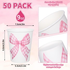 Whaline 50Pcs Bow Coquette Paper Cups Pink Plaid Ribbon Bowknot Disposable Cups For Hot Cold Drinks Birthday Baby Shower Party Table Decor Supplies, 9 Oz