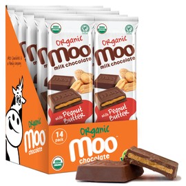 Moo Chocolates Organic Milk Chocolate Large Bars with Peanut Butter 1.4 oz, 14 ct (Pack of 1) | USDA Organic, Non-GMO | 110 Calorie Snacks for On-the-Go, Lunchboxes, Office