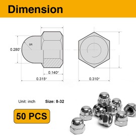 Mrosnail 8-32 Acorn Nuts Kit - 50PCS, 304 Stainless Steel, Metric Hex Cap Nut Assortment, Dome Head for Indoor & Outdoor Use