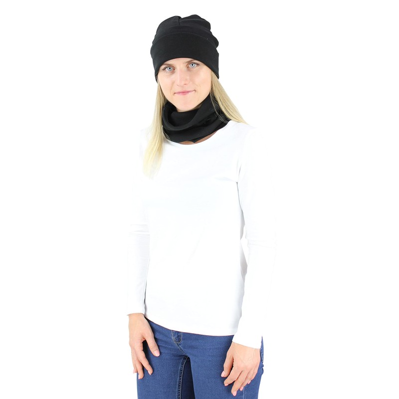 Alkato Unisex Beanie Hat and Scarf Set Plain, Black ribbed