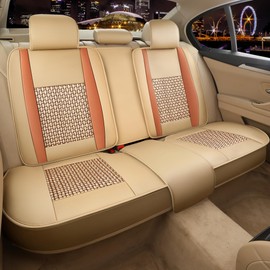 FREESOO Car Seat Cover, Leather Seat Covers Full Set Classic Breathable Padded Automotive Seat Protector Most Sedan SUV Truck Universal with Pillows (Khaki Orange)