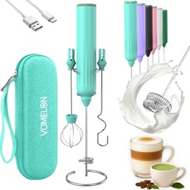 Milk Frother Handheld with 3 Stainless Steel Whisks, Rechargeable Electric Drink Mixer with Stand & Travel Case, Milk Foamer for Coffee, Latte, Cappuccino, Hot Chocolate, Egg,Jam Supplement-Mint