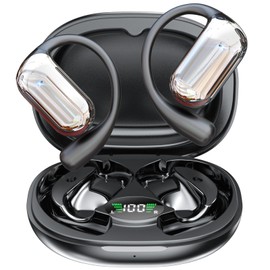 Open Ear Bluetooth 5.4 Earbuds Black Wireless Headphones Sport Over Earphones Built-in Mic with Ear Hooks 50H Playtime Ear Buds LED Display Charging Case, Waterproof Design for Running Fitness