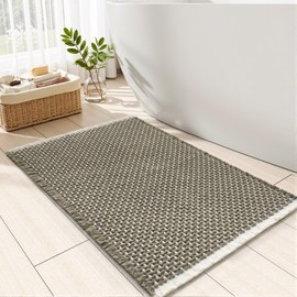 Checkered Bath Mat Non Slip Super Absorbent Quick Dry Bath Mats for Bathroom Floor Woven Bathroom Mat with Tassels Machine Washable Bathroom Rug Beside Tub, 17" x 24", Green & Cream