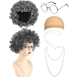 Vivrerizo Old Lady Costume Granny Wig Set - 5 Pcs Gray Curly Wig with Wig Cap Glasses Glasses Chain Pearl Necklace Set for Funny 100 Days of School Outfit Halloween Costume Party Cosplay