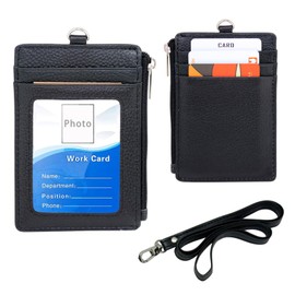 Boshiho Men's Commuter Passcase, Genuine Leather, 5 Card Case, Employee ID Card, Key, Coin Purse, Name Holder, Neck Strap, For Work or School Commutes, Black, Black