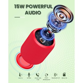 NOTABRICK Small Bluetooth Speaker, IPX67 Waterproof Wireless 5.0 with 15W Stereo Sound, TWS Pairing, 15H Playtime Portable Shower Speakers for Party Beach Outdoor Music Gift(Red)